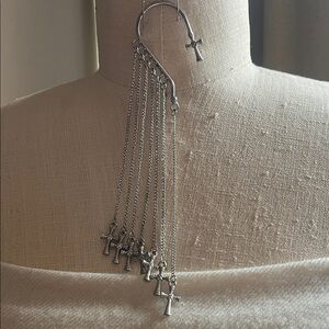 Silver Cross Tassel Ear Cuff Necklace  - Jewelry